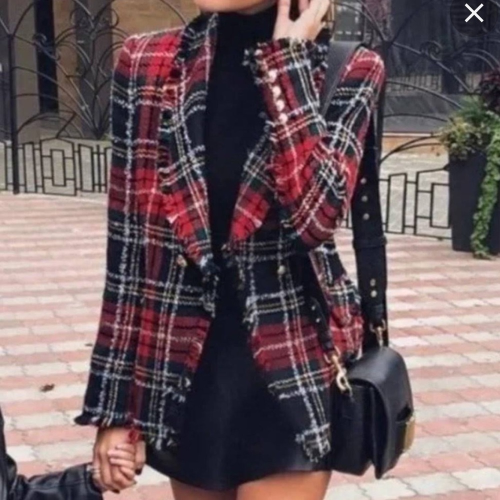 [Rachel Zoe] Red plaid double breasted blazer